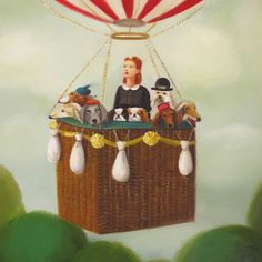 a painting of a man riding in a hot air balloon with dogs on the front