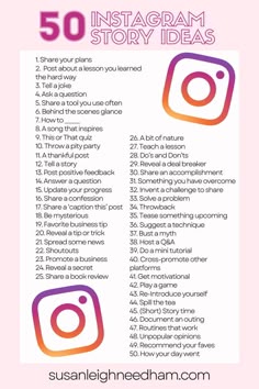 the 50 instagramm story ideas list is shown in pink and purple with an instagram