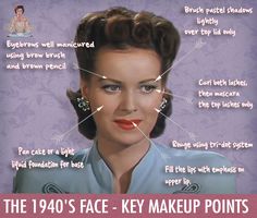 1940s Makeup Tutorial, 40s Makeup, Make Up Guide, Vintage Makeup Looks, 1940s Looks, 1940s Hairstyles, Retro Makeup, Makeup Guide