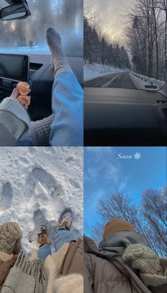 four different pictures with people in the snow and one has his feet up on the car steering wheel