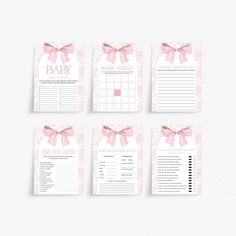 baby shower game with pink bows on the front and back covers, all in different colors