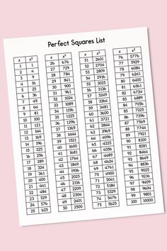 the perfect squares list is shown in black and white on a pink background with an empty sheet