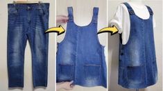 two pictures of blue overalls with banana patches on the front and back of them