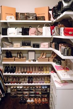 an organized closet with shoes, handbags and purses