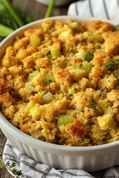 a casserole dish with green onions and bread crumbs in it on a table