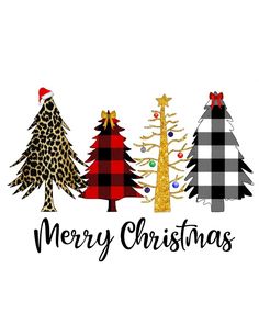 three christmas trees with the words merry christmas in gold, red and black on them