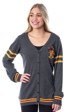 a woman wearing a harry potter cardigan sweater