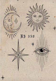 an old book with sun, moon and stars on it