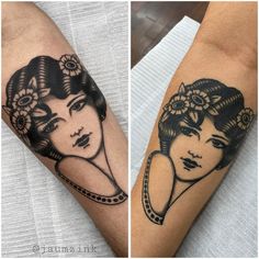 two tattoos on the arms of women with flowers in their hair, one is black and white