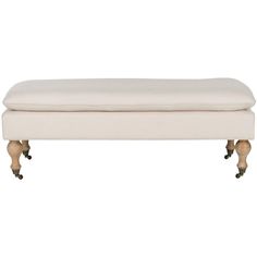 an upholstered bench with wheels on the legs and foot rests in front of a white background