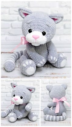 the stuffed animal is gray and white with pink ribbon on it's neck, sitting next to a brick wall