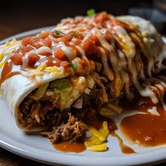 an enchilada on a plate with sauce and cheese