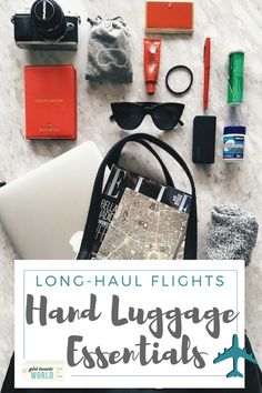 luggage with the title long - haul flights hand luggage essentials written on it and various items laid out