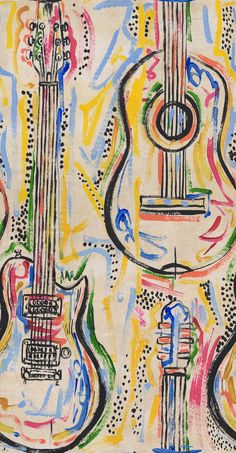 an abstract painting of guitars with different colors