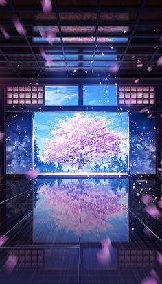 an artistic scene with pink flowers floating in the air and water reflecting on the floor