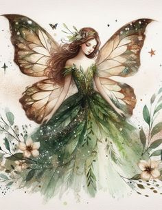 a watercolor painting of a fairy with wings and flowers on her body, surrounded by stars