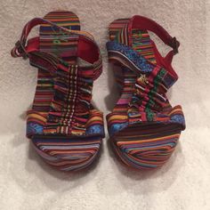 Blowfish Timo Multi Color Wedge Sandal Really Cute New In Box Casual Adjustable Multicolor Wedge Sandals, Casual Multicolor Adjustable Wedge Sandals, Bohemian Multicolor Wedge Heel Sandals, Bohemian Multicolor Closed Toe Wedge Sandals, Retro Multicolor Sandals For The Beach, Blowfish Shoes, Wedge Sandal, Womens Shoes Wedges, Wedge Sandals