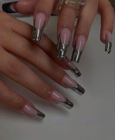 Chrome Nails Long Square, Chrome French Tip Nails Long, Silver Chrome Drip Nails, Simple Crome Nails, Square Nail Designs Chrome, Silver Crome Nails French Tip, Silver Chrome French Tip Nails Square, Metallic Square Nails, Metallic Nails Acrylic