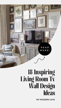 a living room with pictures on the wall