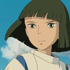 an anime character with short hair and green eyes looks at the camera while standing in front of clouds