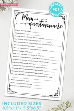 the printable mom's question sheet is shown on a table next to flowers