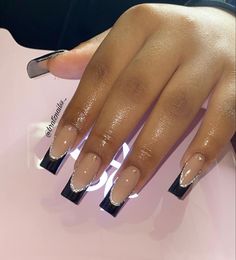 Black French Nails Almond Short, Black And Silver Nail Inspo Acrylic, Black French Tip Silver Line, Black And White Frenchies Nails, Black French Tip Nails Sliver, Black And Sliver Nails For Birthday, Black Nails With Glitter, Graduation Nails