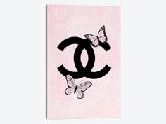 a chanel logo with butterflies flying around it on a pink background by unknown objects 1 - piece art print