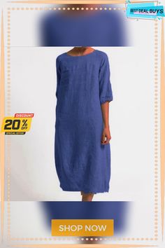 Women's Cotton and Linen Casual Plus Size Dress Solid Color Crew Neck Summer Dresses, Summer Solid Color Crew Neck Dress, Summer Crew Neck Dress With Solid Color, Summer Dresses With Crew Neck In Solid Color, Solid Color Shift Dress With Half Sleeves, Solid Shift Dress With Half Sleeves, Blue Summer Dresses Plain, Blue Plain Summer Dresses, Blue Plain Dresses For Summer