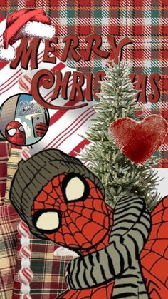 a christmas card with a spiderman on it and a tree in the middle, surrounded by plaid fabric