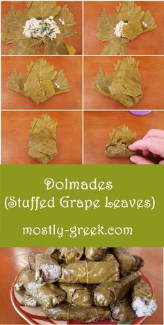 the steps to make stuffed grape leaves are shown in this collage with text overlay