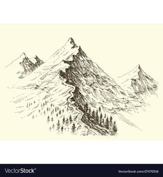 a mountain landscape with pine trees and mountains in the backgrounge, hand drawn