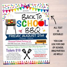 back to school bbq flyer with an image of the barbecue grill and colorful flags