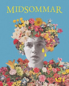 a woman with flowers on her head and the words midsomer written in yellow