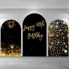 three archways decorated with gold confetti and sparkle