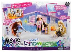 two dolls in front of a doll house with snowman and dog on the roof