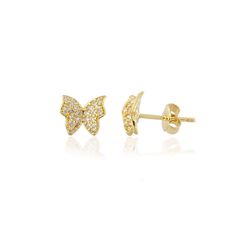 14k gold butterfly stud earrings feature pavé-set zirconia.  Earrings measure approximately 1/4" h x 1/3" w. Introducing our lovely butterfly crystal studs, from our  collection. Beautifully crafted with high-quality zirconia stones, these great studs are the perfect gift for yourself or your loved one. They are sparkly, adorable and lightweight, the perfect addition to any outfit. A great touch of shine to your everyday look.. Care tips: It will not oxidize or discolor. But since gold is a very soft metal that scratches easily, give it a wipe with a jewelry cloth once and awhile to keep it fresh. Gold Butterfly Earrings, Butterfly Crystal, Butterfly Earrings Gold, Butterfly Stud Earrings, September Birthstone Jewelry, Butterfly Earrings Stud, Pearl Jewellery Earrings, Zirconia Earrings, Jewelry Ring Box