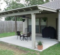 a covered patio with table and chairs