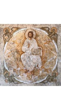 an image of jesus in the center of a wall with angel wings and halos