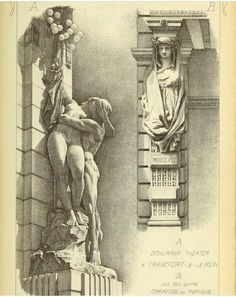 an old book with drawings of statues and text on the front cover, in black and white