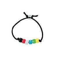 a black cord bracelet with the word love spelled in multicolored letters on it