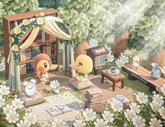 an image of two ducks in the park with books and flowers on the ground next to them