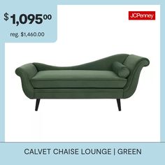 a green couch sitting on top of a white floor next to a blue background with the words $ 10 99 off reg $ 40 00