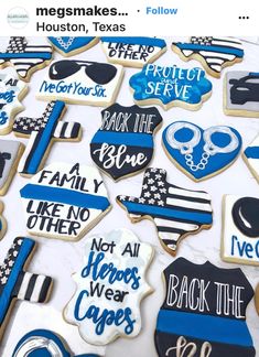 Cop Graduation Party, Police Cupcakes Ideas, Police Officer Cookies, Sheriff Cookies, Law Enforcement Cookies Decorated, Police Graduation Cupcakes, Police Retirement Party Dessert Table, Law Enforcement Cookies