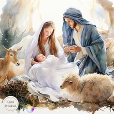 a painting of jesus and baby jesus surrounded by animals