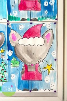 a drawing of a mouse wearing a santa hat and standing in front of christmas trees