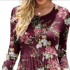 Db Moon Women Casual Long Sleeve Floral Empire Waist Loose Dress Size M Nwt Casual Purple Floral Print Maxi Dress, Casual Purple Maxi Dress For Fall, Red Knit Dress, Purple Long Sleeve Dress, Long Sleeve Embroidered Dress, Moon Dress, Long Knitted Dress, Mauve Dress, Denim Shirt Dress