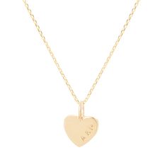 Teeny Tiny Personalised 9ct Gold Heart Necklace A gorgeous, tiny shimmering heart fitted on a delicate chain. A simple yet elegant symbol of love and friendship, which can be either left plain or personalised to make a unique gift. Use as a stand alone piece or add to your favourite chains for an on-trend layering look. Personalisation can be a single initial in the centre or two initials (e.g. V&T) along the side. Chain lengths available in 16in (41cm) and 18in (45cm). FEATURES: * 9ct Recyc Dainty Engraved Heart Necklace For Everyday, Everyday Yellow Gold Heart Cut Charm Necklace, Classic 14k Gold Heart Pendant Necklace, Classic 14k Gold Heart Necklace, Yellow Gold Heart Cut Charm Necklaces With Delicate Chain, Dainty 14k Gold Charm Necklace For Anniversary, Yellow Gold Delicate Chain Heart Cut Charm Necklaces, Yellow Gold Heart Cut Charm Necklace With Delicate Chain, Yellow Gold Engraved Heart Necklace For Everyday