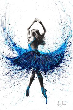 a woman is dancing with blue paint splatters on her body and arms in the air