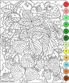 a coloring page with strawberries and other fruits on the bottom right hand corner, which includes numbers 1 - 10