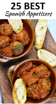 two brown bowls filled with meatballs and bread